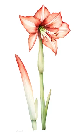 A stunning watercolor-inspired illustration of a solitary Amaryllis, with delicate petals in various shades of colors. The flower is depicted in a pseudo-realistic style, with a touch of abstract impressionism. The background is a pristine white, allowing the Amaryllis to stand out and capture the viewer's attention. The overall atmosphere of the image is serene and romantic.