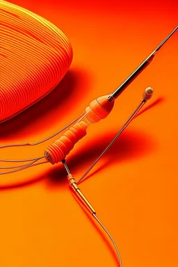 Produce a photo of angioplasty medical catheters for a magazine cover, more realistic photo with orange background.