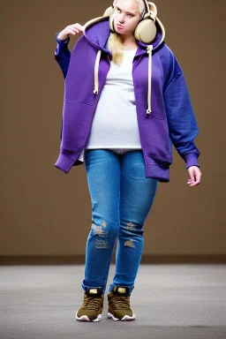 blonde women.thick thighs,thick calves,flat belly,curvy fell. NOVEL kind of hoodie, form which condescends with integrated bag[SIC]. It is sewed together of camouflage pieces, whose color are all denim colors,cream, brown and purple. Big colored headphones (gold rings!) is merged with small felt cap with small visor. Big bright purple felt tippet and birght-colored-hood is merged with colorful beanie. Inside is orange. Style: 1990's Finland