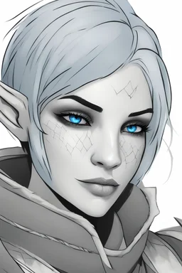 a young female orc, blue skinn,short white hair, blue eyes, muscular, digital art
