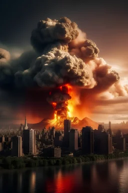 A volcano exploding over a new york city