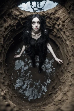 Closeup tall Girl goth with big eyes, fullbody, ragged clothes, extended like roots, the perspective looking up from the bottom of an empty well , midle underwater, mud under, 8k,macro photography,