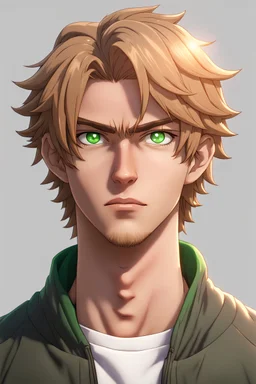 Anime tan-haired and green-eyed, light-skinned casual male portrait, 8K resolution, high quality, ultra graphics, and detailed with lines.