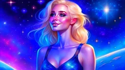 Full body portrait of a peaceful ((smiling)) gorgeous blonde Goddess of the galaxies with a blue indigo purple skin, high skul, luminous eyes in a galactic sunset