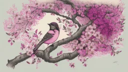 A bird drawing in a tree with a lot of pink flowers.