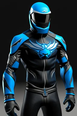 Surfshark's superhero costume combines a black, form-fitting bodysuit with a deep ocean-blue wetsuit-style jacket, featuring shark fin-like shoulder embellishments. White shark tooth designs adorn the arms and legs. His cowl resembles a shark's head, with a dark visor revealing his piercing blue eyes. The shark-themed utility belt, gloves, and boots complete the ensemble, along with a high-tech surfboard. The chest emblem is a stylized shark with dorsal fins reminiscent of Batman's bat symbol.