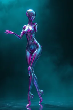 Hyper-realistic full-body 3D surreal digital painting of a female cybernetic android dancer, sleek chrome-magenta body plating, crystalline diamond joints, standing in a deep teal foggy void, flowing energy lines around her, cinematic lighting, ultra-detailed PBR textures, dreamlike sci-fi elegance, perfect proportions, masterpiece, 8k