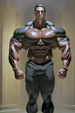 The body of bodybuilder Lee Hany is without a head, only a body, and he wears a luxurious black suit