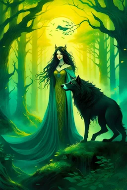 book cover, In the heart of a dense and enigmatic forest with towering ancient trees cloaked in emerald, yellow and amber foliage stood a bewitching sorceress possessing an ethereal allure her lustrous hair cascading in ebony waves down to her slender waist In the background a faithful companion a majestic canine of Belgian shepherd lineage roamed at her side its eyes illuminated by an otherworldly crimson glow exuding an aura both mysterious and demonic