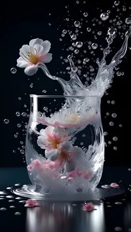 Purity transparency water splashing twisted with many little flowers inside, photo, 8k