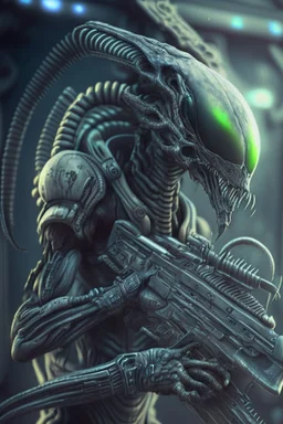 Alien with a gun ,highly detailed, artstation, sharp focus,4k