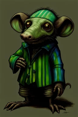 Artist Jean-Baptiste Monge style. A old biomorph male humanoid with Anteater face. Bright eyes. A green and blue striped outfit. Modifiers: Tim Burton Craig Rutkowski Modifiers:neon glowing Iridescent black ink