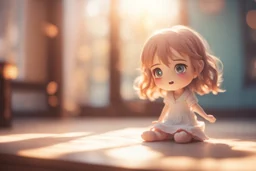 cute chibi girl on a room scale, looking at it with a terrified expression, in sunshine, ethereal, cinematic postprocessing, dof, bokeh