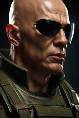 portrait of a 40 year old evil soldier. wearing a tee shirt, with sneering expression, bald, photorealistic, 4k