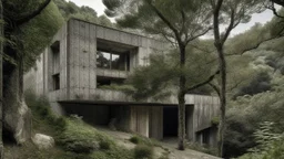 Among centuries-old trees, a house with a brutalist design merges seamlessly into the landscape, embodying the raw beauty of the primitive. The structure, weathered yet strong, is captured in a striking photograph that exudes a sense of timelessness. Every detail, from the stark angles to the rough texture of the concrete, adds to the haunting allure of the scene. This captivating image invites viewers to ponder the enduring power of nature and architecture.