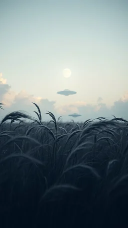 Windblown grass with winds with clouds and moon in the background, high quality picture 8k, beautiful cinematic lighting and all gray colors , ufo starship in the background in a far distance