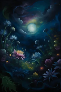"Capture the essence of a celestial garden, where otherworldly flowers bloom under cosmic skies, in a mesmerizing oil painting.