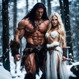 Giant muscular male mountain man with long dark hair with a petit female with long blonde hair, dark fantasy, snowy forest