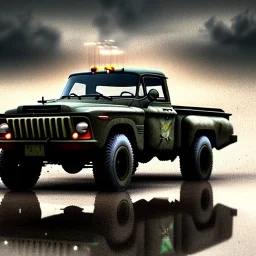 very very very hyperrealistic shot, military pickup truck, heavy guns firing on back, monotone color palette, sharp focus, puddle reflection, tire water splash, refraction, mist on the horizon, shadowcast, god rays, very very very very detailed and intricate, cinematic composition, macro, tilt shift photography