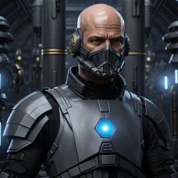 star wars bald male corellian pilot wearing pearlescent black and gunmetal grey First Order special forces heavy assault stealth commando armor and helmet with gold trim inside the jedi temple, hyperdetailed, dynamic lighting, hyperdetailed background, 8k resolution, volumetric lighting, light skin, fully symmetric details