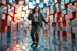 beautiful lady with todays modern clothing and sport shoes, in surreal stage made of fractal random size recursive objects with helical strip colors in clothing similar to environment full body dancing to camera,animating background metallic random color cubes