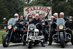 a very hard and tuff motorcycle bald gang, not old, posing with their Harley Davidsson bikes, some of them holding guns and shotguns, a logo sign with Falköpings HD Club, "Fearless sinners" Skulls and bones, skeletons