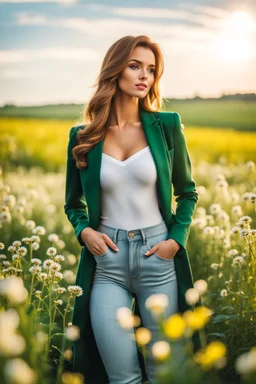 fullbody close up shot of young-beautiful-girl-with-a-perfect-face wearing pants and thight blouse and jacket, country side green field flowers day lights