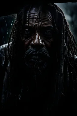 a close up of a person with dreadlocks, a character portrait,oily, muddy wet , rain dirt running down stuck in his face, by Lee Jeffries, unsplash contest winner, hyperrealism, she is dressed in shaman clothes, covered with tar. dslr, 8 k highly detailed ❤🔥 🔥 💀 🤖 🚀, the look of an elderly person