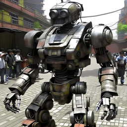 trash mech suit, human-sized, made of scrap metal, small, round dome head