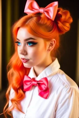 A beautiful girl with bright hair tied at the ends with a beautiful bow on her hair