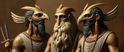 realistic rendering Portrait of the Apkallu sages who were sent by the god Ea to teach civilization to humanity before the flood. They were depicted as half-human and half-fish or bird, and were associated with wisdom, magic, and culture.