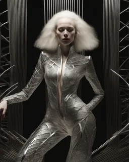 A mesmerizing fusion of intimate abstraction and surreal futurism, depicting a striking female albino figure adorned in a breathtaking silver chrome-scaled suit. The intricate structure of the suit echoes the hyper-fractal nature of a coherent hyper-position lattice, creating a dynamic interplay of light and form that seems almost otherworldly. Her presence is both mysterious and seductive, yet tinged with an innocent vulnerability, as she gazes outward with an expression of deep longing. Ether