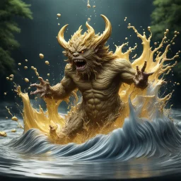 3d demons angle clay style, water splashing of monster out from liquid effect, gold colours, dominating the wave, fully magical forest in the middle, splashes around