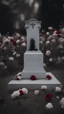 A grave in a field full of roses. Above the grave is a white lace scarf and a gun.cinematic