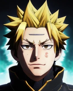 Detailed anime portrait of bakugo from my hero academia, gold hair and golden eyes, black suit, intricate details, full body portrait, keep head in frame, slight smile, black Japanese motif, concept art, highly detailed, digital painting, concept art, sharp focus, illustration, art by Yoji Shinkawa, WLOP and greg rutkowski and alphonse mucha and artgerm and yanjun Chen and Junji ito and Makoto Shinkai, HDR, octane render