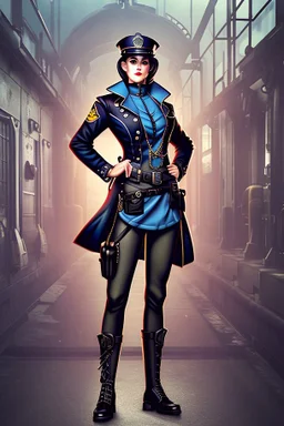 full body picture of a UK policewoman, steampunk city background