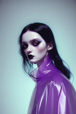 painting by koson ohara and marta bevacqua, portrait of a beautiful goth woman with long black hair, wearing a plastic raincoat, purple neon lighting, 8k, high quality, highly detailed