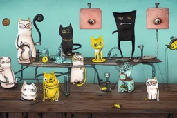 Happy cats sitting on a table :: industrial robotic cats, characters from machinarium pictoplasma, assemblage of naive art and les automatistes, by Alexander Jansson and Leo Lionni, a storybook illustration of a surrealist cat sculptures, cgsociety and behance contest winner