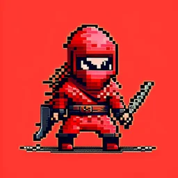 a pixel art-style, simple 64-bit Ninja with a red outfit, retro gaming shinobi graphic style