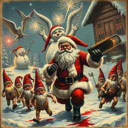 there is no kebabs at christmas, evil Santa, evil naked gnomes running around, staring flaming eyes, evil naked Rudolf, very big evil melting angry Frosty the snowman in background, 1940 christmas postcard, blood stains, Flying angels, Santa holding a chainsaw, fireworks