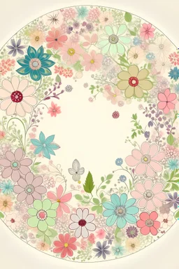 "Design a image with a circle of small flowers, covering the entire frame. Each flower should be detailed and varied, creating a seamless and intricate floral pattern. The design should evoke a sense of natural beauty and elegance, with soft pastel colors blending harmoniously throughout the circle."