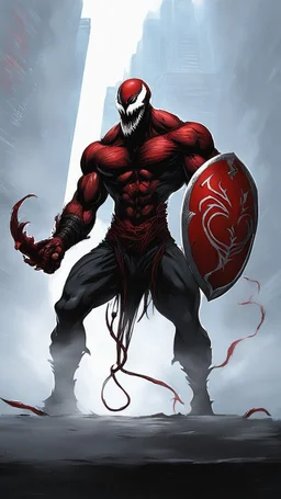 Venom symbiote with kratos red tattoos and Clothes, holding blade of choice