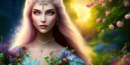 bright fairy, beautiful portrait, flowery landscape