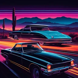 Last Drive: rear 3/4 view, ((a man (with long hair and sunglasses) in a cabriolet car by night in the desert, aside a beautiful girl driving)). Neon speed lines and a motel in background. grainy photo realistic, 80's horror poster, Frazetta, synthwave, dark and moody ambience