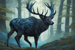 Beast Shadow symbiote in 8k realistic anime drawing style, Deer them, human model,blue neon crystal antlers deer, fantasy forest, intricate details, highly detailed, high details, detailed portrait, masterpiece,ultra detailed, ultra quality