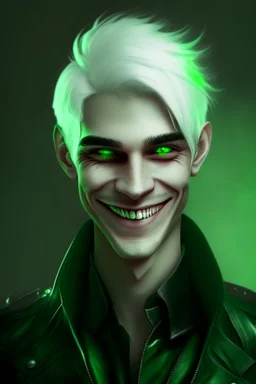 plauge doctor in balck leather clothes with silver hair, pale skin and bright green eyes smiling with sharp teeth, nice young face