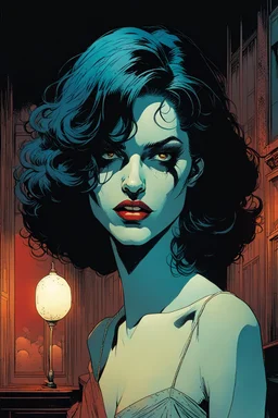 create a hardened, vampire girl, finely defined facial features, tending bar in a seedy Soho jazz club, in the comic book art style of Mike Mignola, Bill Sienkiewicz and Jean Giraud Moebius, , highly detailed, grainy, gritty textures, , dramatic natural lighting