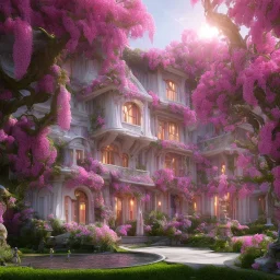 a magical flower bougainvillier fuksia house in the woods, pink vertical, sharp, vines, candlelit, endor, ornate, elegant, highly detailed, artstation, concept art, smooth, sharp focus, illustration, 8k, splash art, wallpaper, key visual