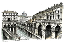 deseneaza cu penita si tus colorat cu acuarela , un sketch in stil minimal art , hasurat cu linii scurte de hasuri oblice scurte , cu mare acuratete si contrast , stil gravura pe metal reprezentand viaducte romane din roma antica , in stilul miniaturilor persane