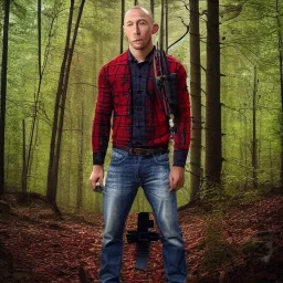 Georges st pierre with a red plaid shirt a backpack and a gun in a creepy forest